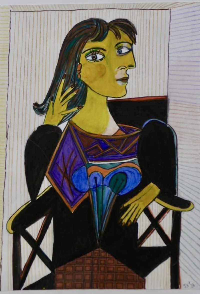 Seated Woman in Patterned Dress von Jacqueline Enkelaar-Ashdown